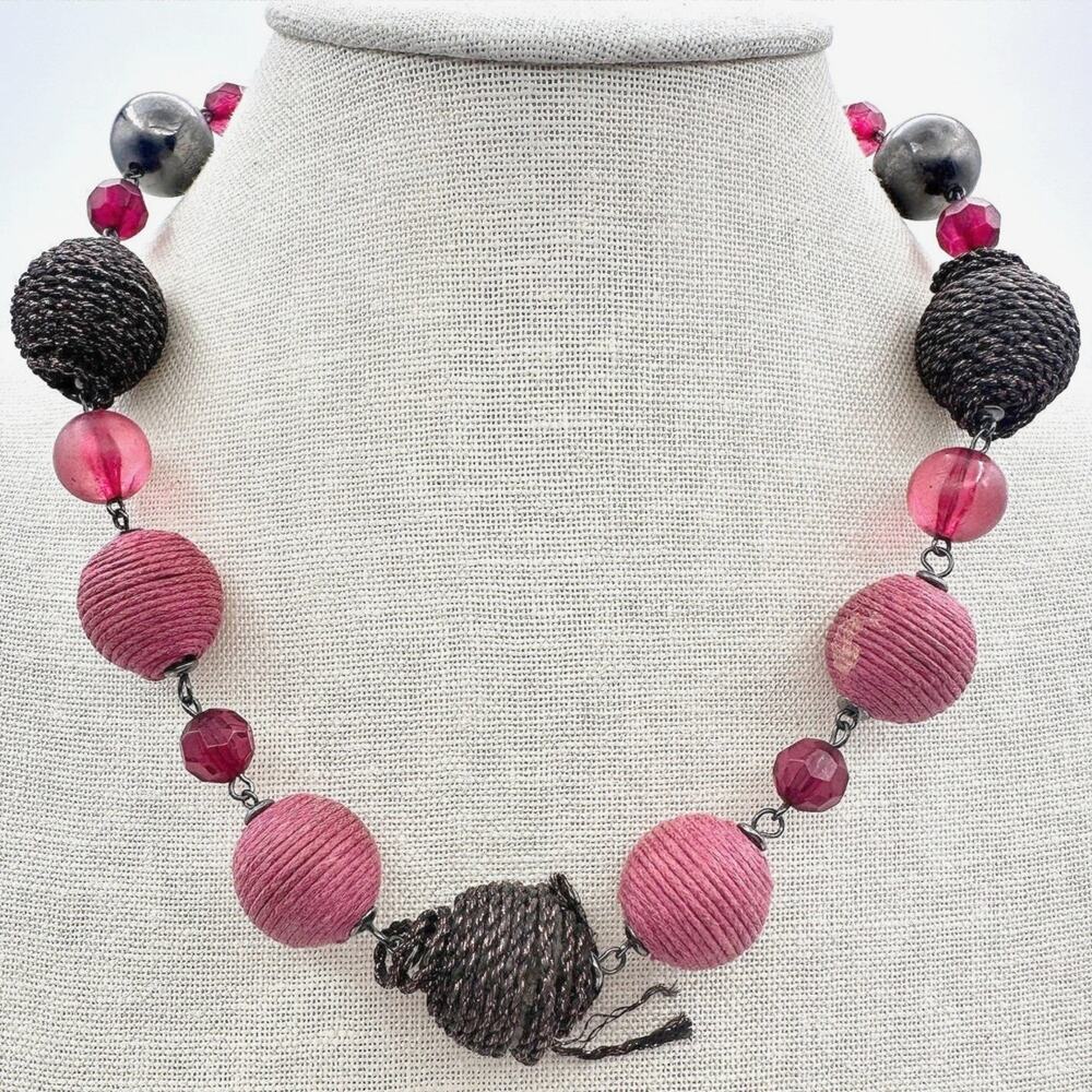 Vintage 80s Chunky Statement Necklace Red & Black Artisan Wrapped Beads Jewelry